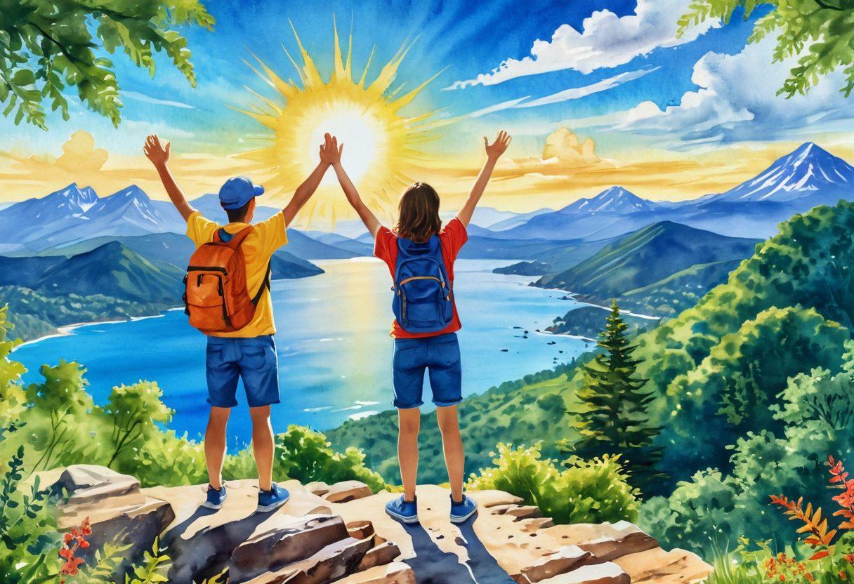 A vibrant travel scene depicting a joyful traveler standing atop a scenic vista, arms raised in celebration, surrounded by lush greenery and a bright blue sky. Colorful travel memorabilia, like postcards and a camera, are scattered around, symbolizing positivity and adventure. In the background, distant mountains and a calm ocean evoke a sense of wanderlust. Illustrative sun rays shining down, enhancing the cheerful atmosphere. watercolor painting. vibrant colors. dreamy style.