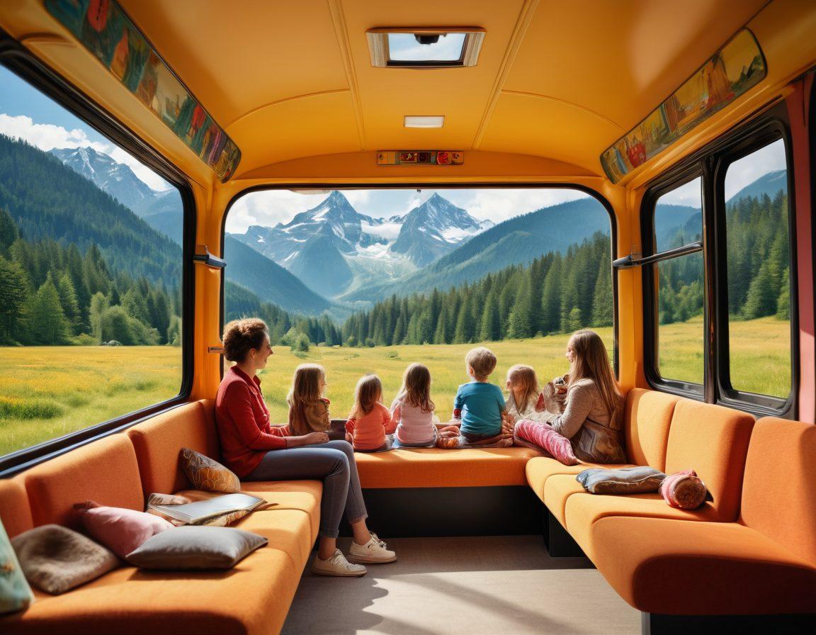 A cozy bus interior filled with smiling families enjoying their journey, framed by a large window showing a scenic landscape of mountains and forests. Include a diverse group of people engaged in playful interactions, with vibrant colors expressing joy and togetherness. In the foreground, a child capturing a photo with a camera to symbolize the essence of sharing experiences in a blog. super-realistic. vibrant colors. 3D.