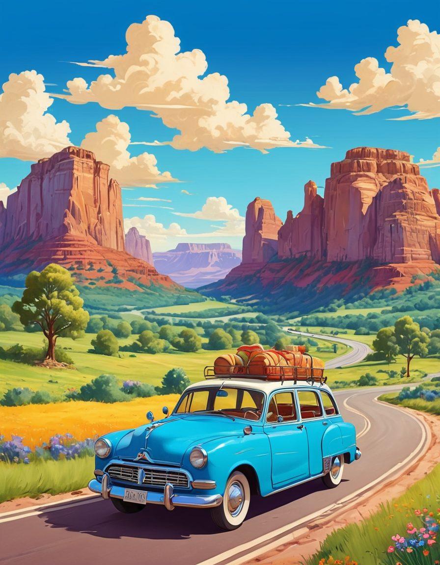 A joyful traveler with a camera in hand, capturing stunning landscapes on a vibrant road trip. Surrounding them are colorful, whimsical illustrations of iconic landmarks and joyful moments like picnicking and sightseeing. Bright blue skies and fluffy clouds add a sense of freedom and adventure, while a vintage car parked nearby emphasizes the journey. Include a winding road symbolizing exploration and discovery. cartoon style. vibrant colors. cheerful atmosphere.